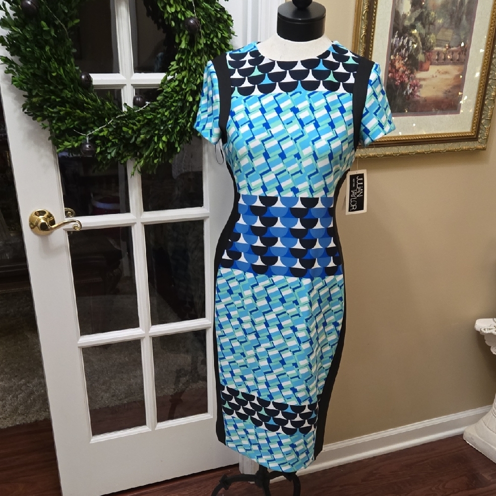 Julian Taylor Geometric Aqua Black White Midi Dress CapSleeve Scuba Fabric 8 NEW